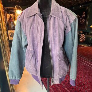 Vintage 80s Hunt Club Purple and Green Leather Bomber Jacket Small